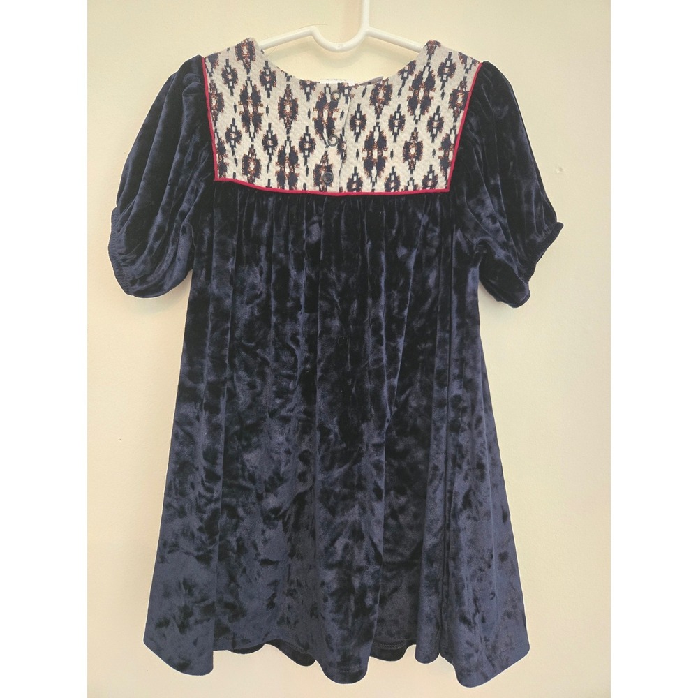 Zara Kids‎ Navy Blue Crushed Velvet Dress Patterned Yoke Size 3-4 Years 104cm